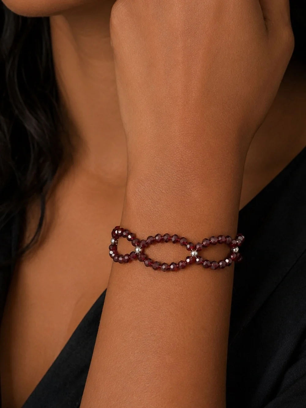 Infinity Wave Bracelet Handcrafted in Natural Garnet & Stainless Steel